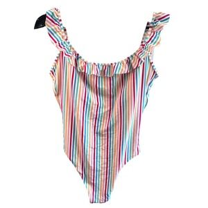 J.Crew One Piece Bathing Suit  Ruffle Trim Color Stripes Unpadded Sz L